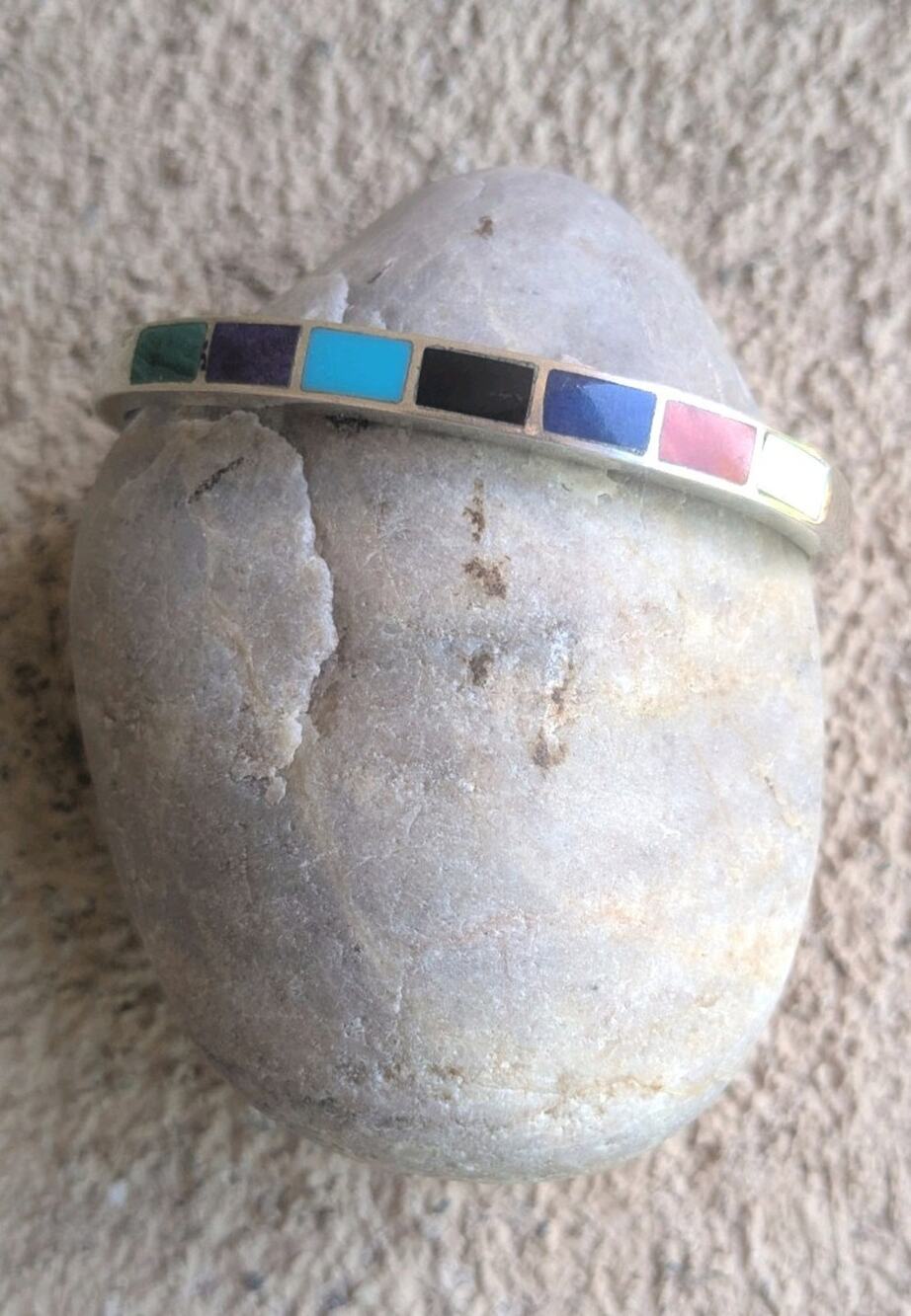 Vintage Zuni Sterling Silver Multi Stone Channel Inlay Geometric Cuff Bracelet